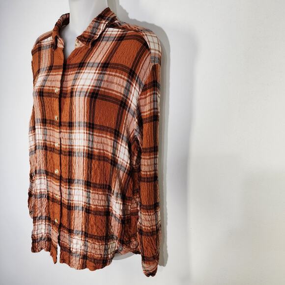 Jane and Delancey Women Shirt Plaid Button Long Tab Sleeve Orange Crinkle Medium - Picture 12 of 12